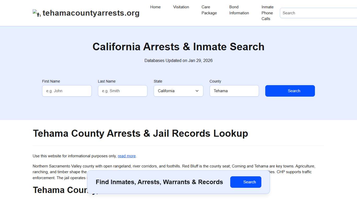 Tehama County, CA Arrests, Warrants, Police Records Search