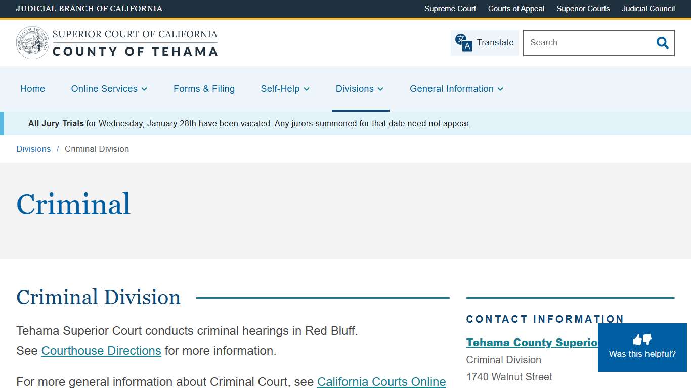 Criminal Division Superior Court of California, County of Tehama
